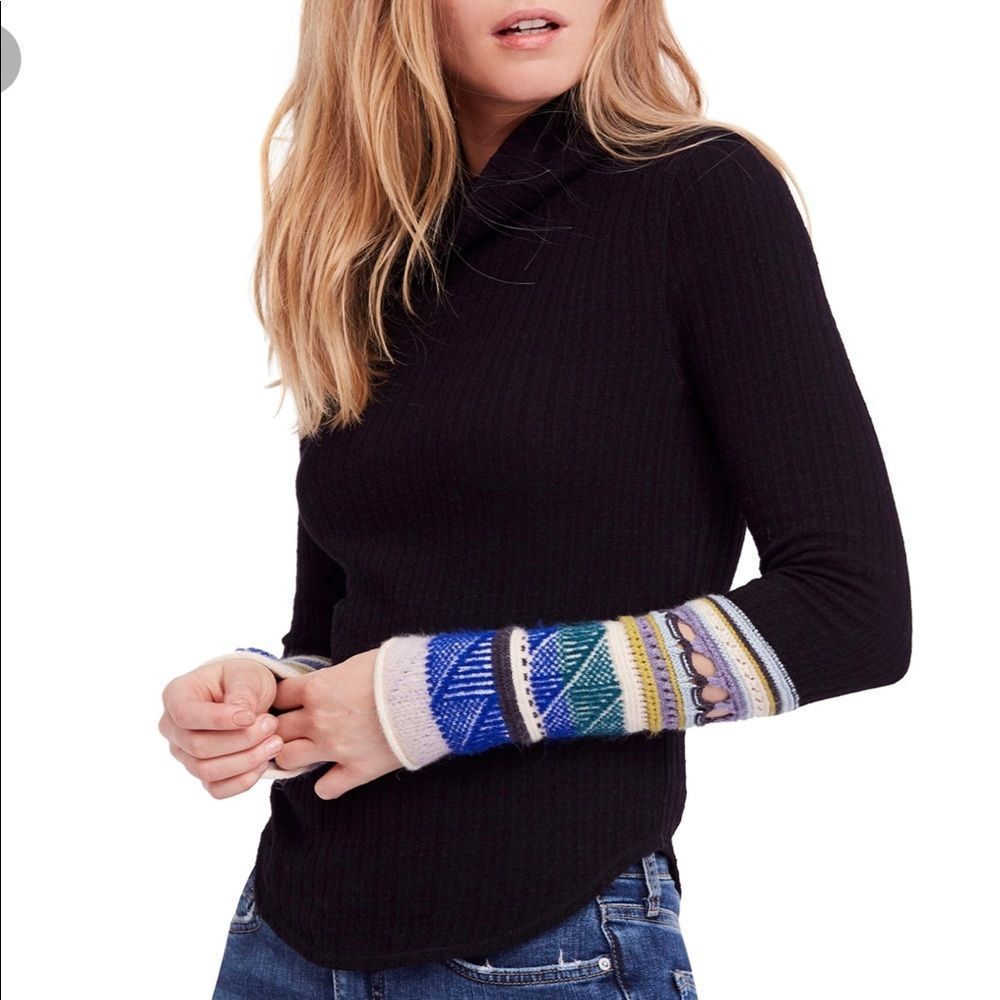 Free People Womens Mixed-Up Cuff Mockneck Pullover Sweater Black Combo M NWT